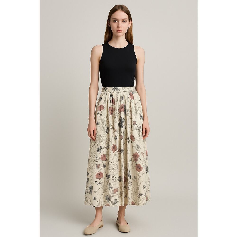 Long Handmade pleated Silk Skirt floral, spring Size XS -S